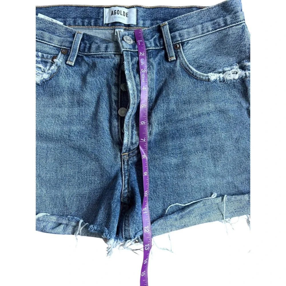 AGOLDE Rumi High Rise Distressed Denim Shorts Blue Button Fly Women's 27
